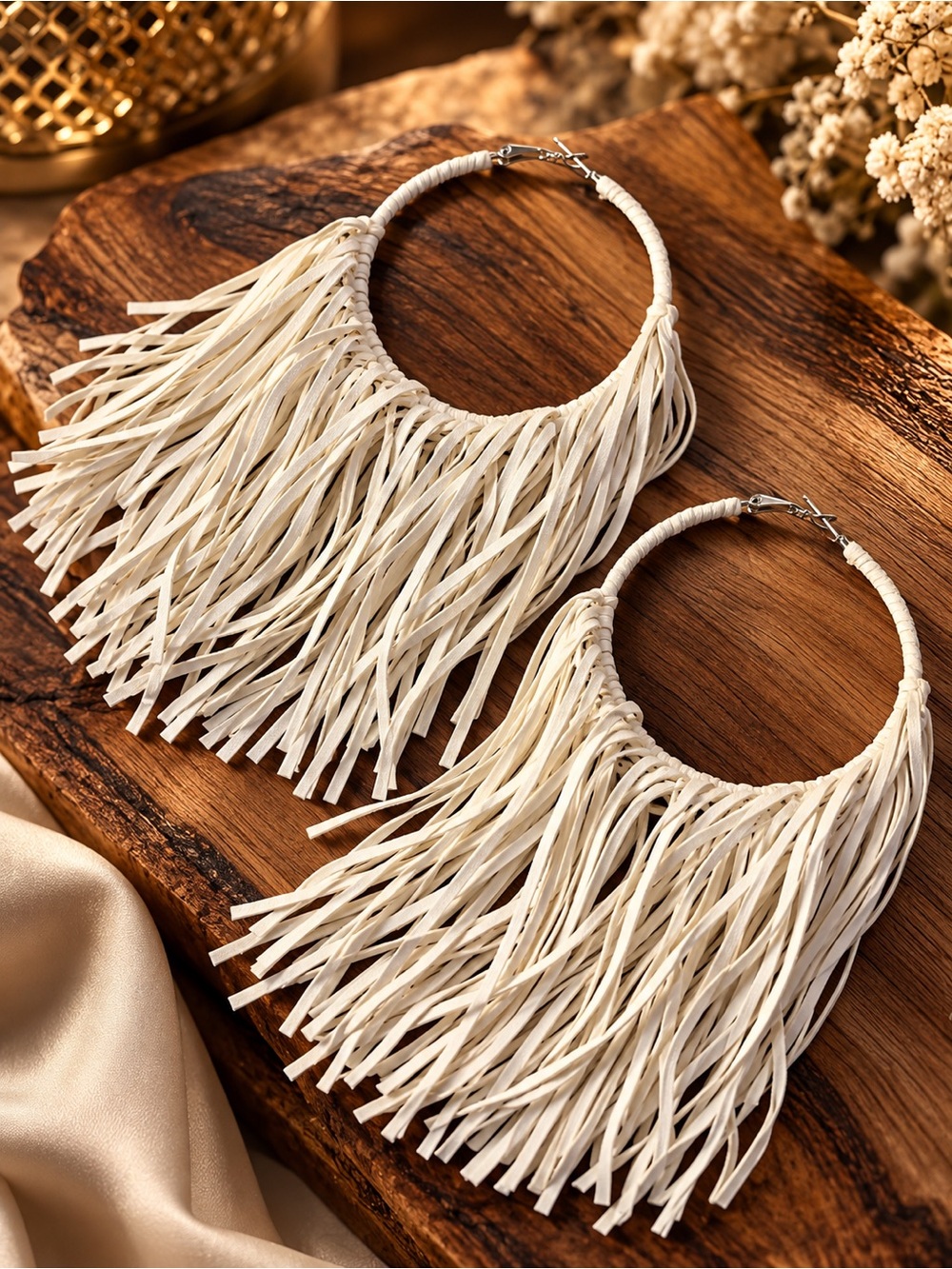 Sassy Jones Fringe Hoop Earrings worn once in white - Women Jewelry